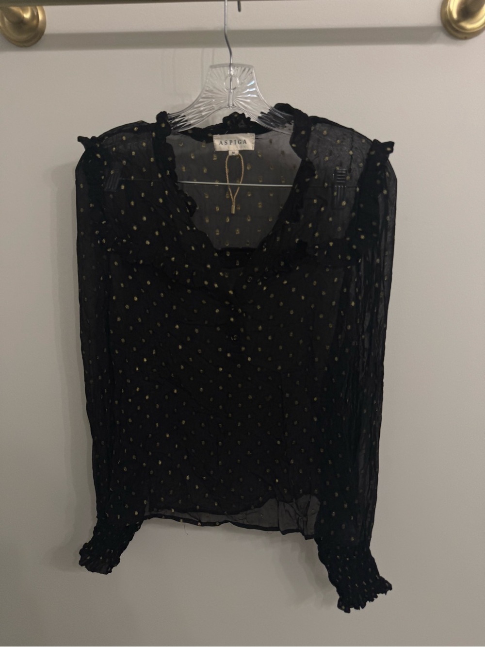 Aspiga Black Sheer Ruffle Collar Blouse with Gold Dot Accent